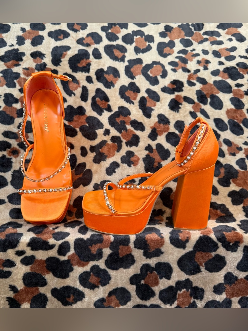 Orange Platform Square Toe Heels with Rhinestone Straps